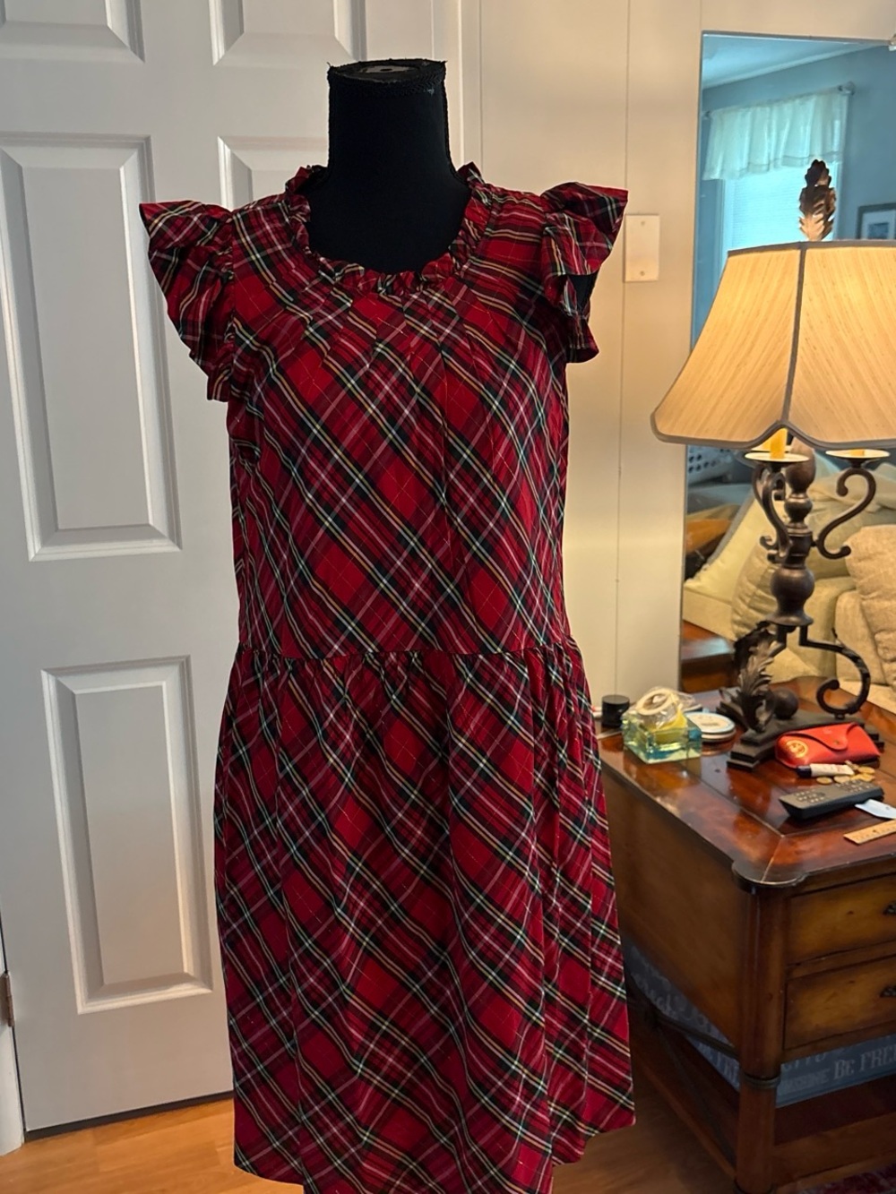 Vineyard Vines Red Plaid Ruffle Sleeve Midi Dress
